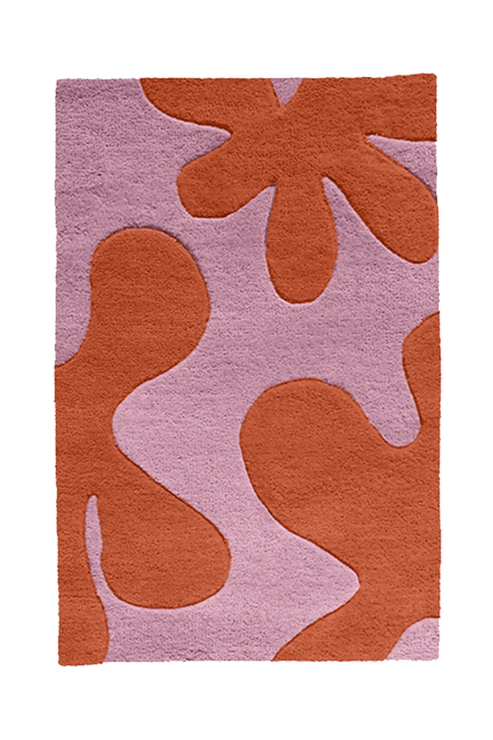 A soft, warm-toned rug in peach and blush hues, featuring organic floral silhouettes.