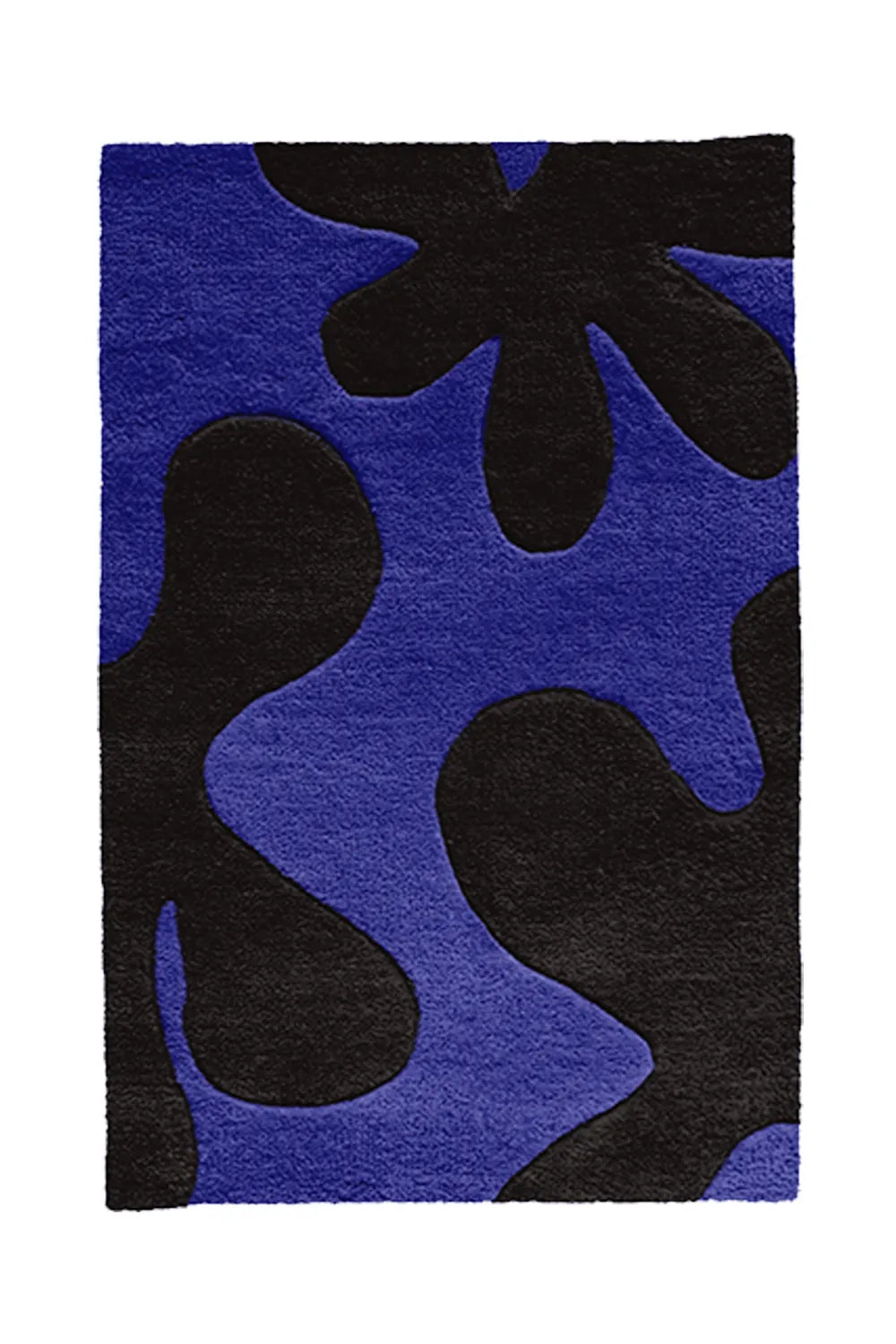 A deep royal blue and black abstract-patterned rug, adding a moody and artistic touch to any space.