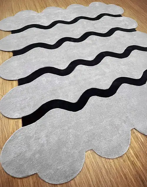 custom sculpted edge irregular modern rug in gray and black