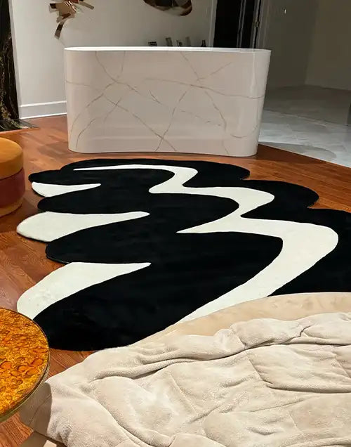 custom shape irregular wool area rug in a contemporary living space