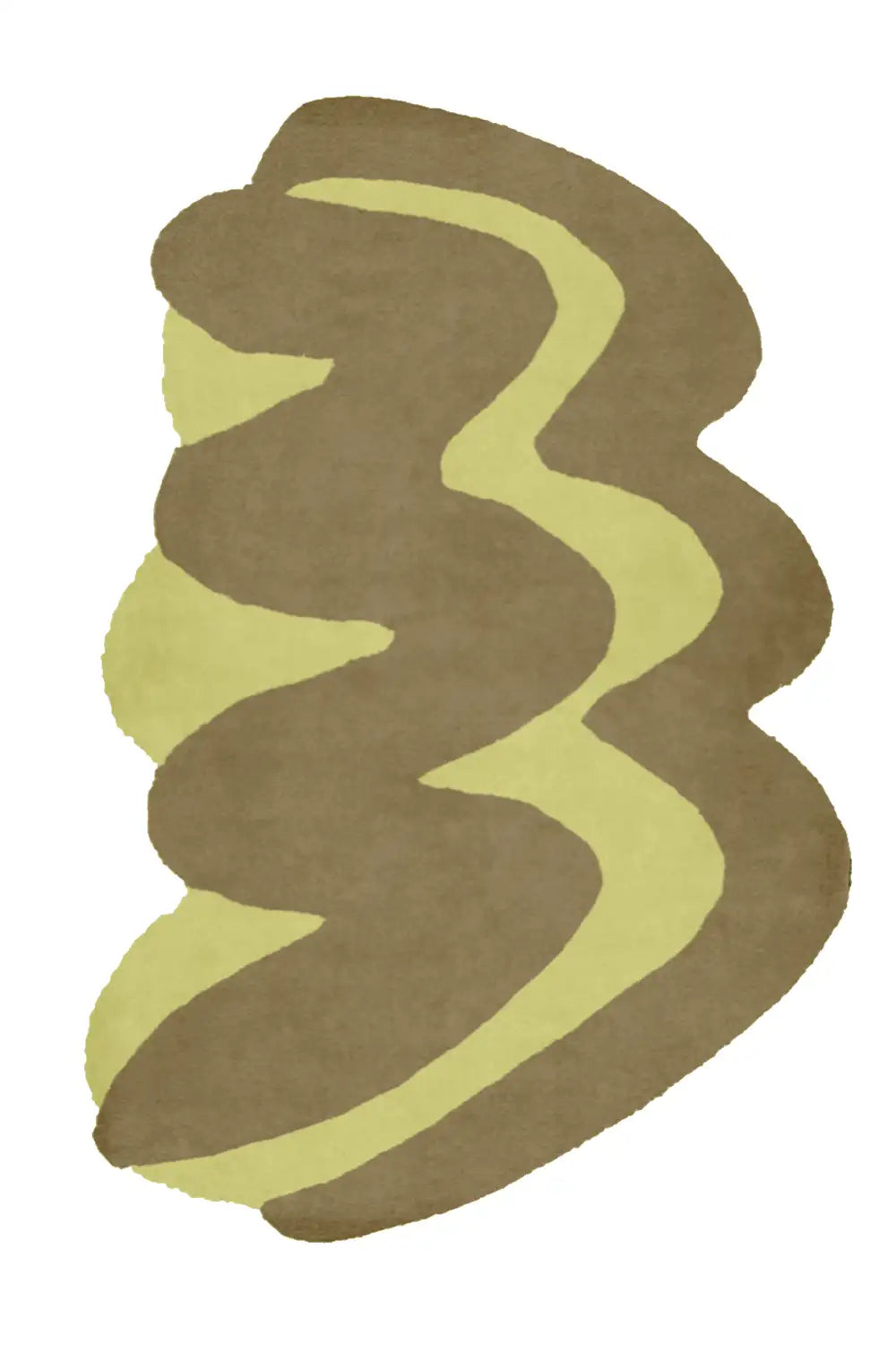 Olive green and rust abstract wool rug with organic wavy form, ideal for eclectic or rustic interiors