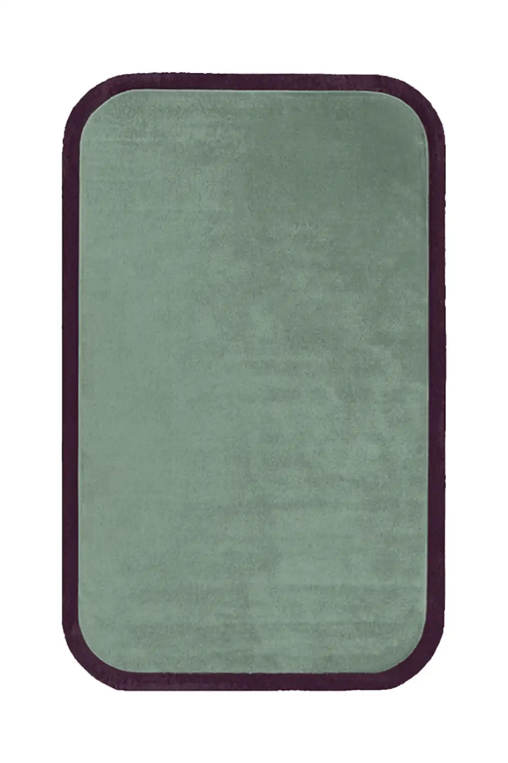 A plush sage green area rug featuring a rounded rectangular shape, accentuated with a dark brown contour edge
