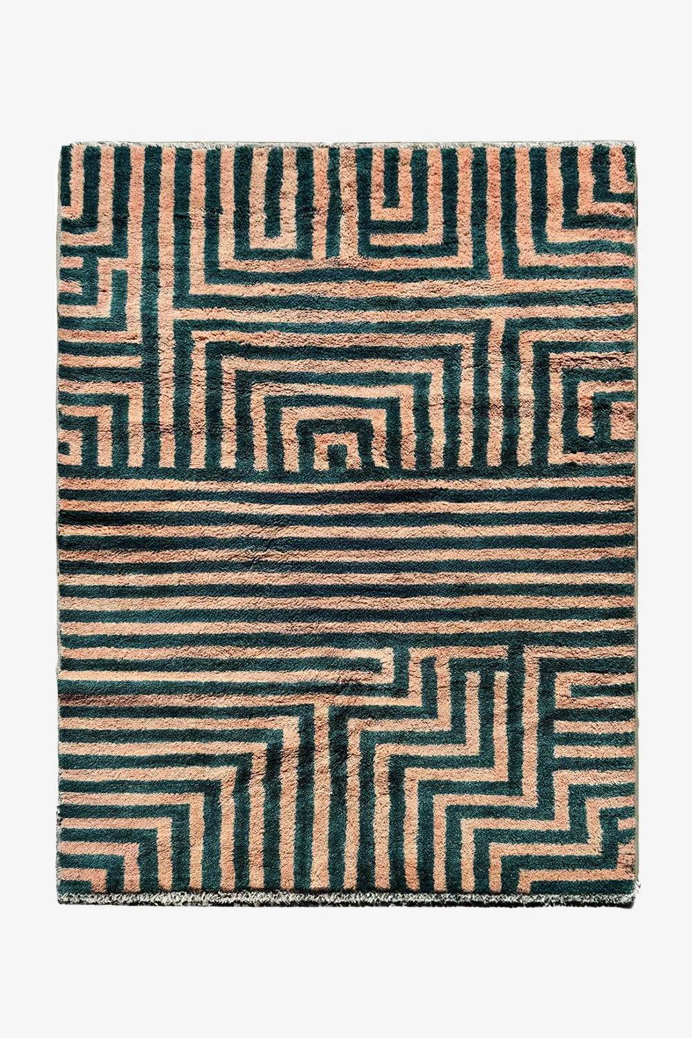 5x8 modern peach and green shag rug with high-pile geometric maze pattern and bold block design