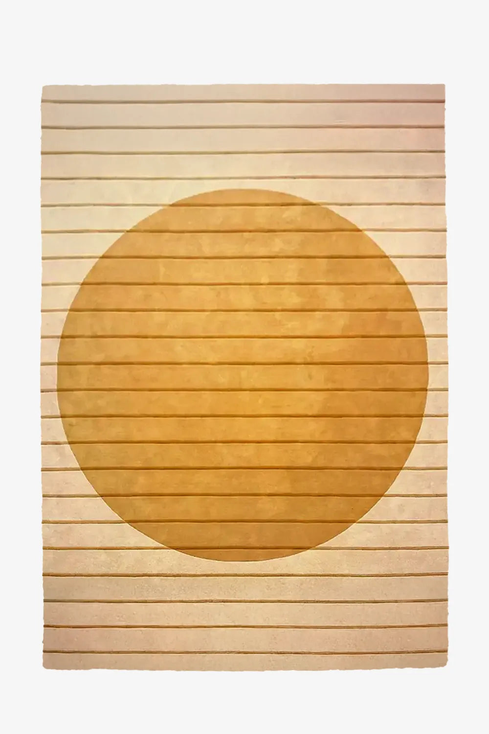 8x10 hand-tufted neutral tan and cream wool area rug with a modern golden circle and fine line design, perfect for organic modern or Japandi living rooms