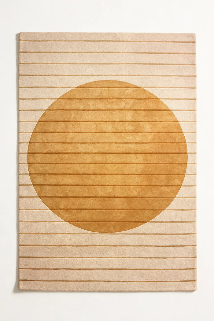 8x10 hand-tufted neutral tan and cream wool area rug with a modern golden circle and fine line design, perfect for organic modern or Japandi living rooms
