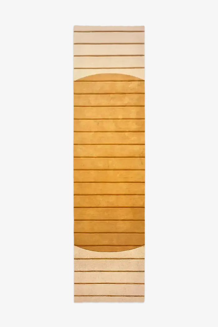 3x8 golden yellow wool runner rug with soft carved stripes and a central circular motif, perfect for hallways, kitchens, and entryways
