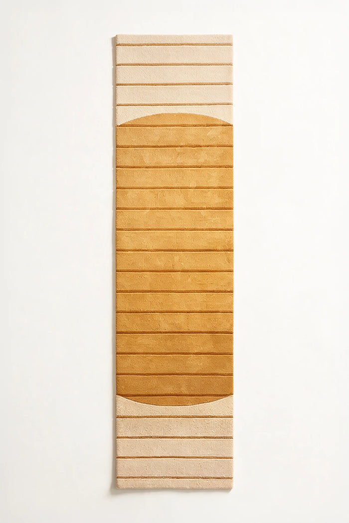 3x8 golden yellow wool runner rug with soft carved stripes and a central circular motif, perfect for hallways, kitchens, and entryways