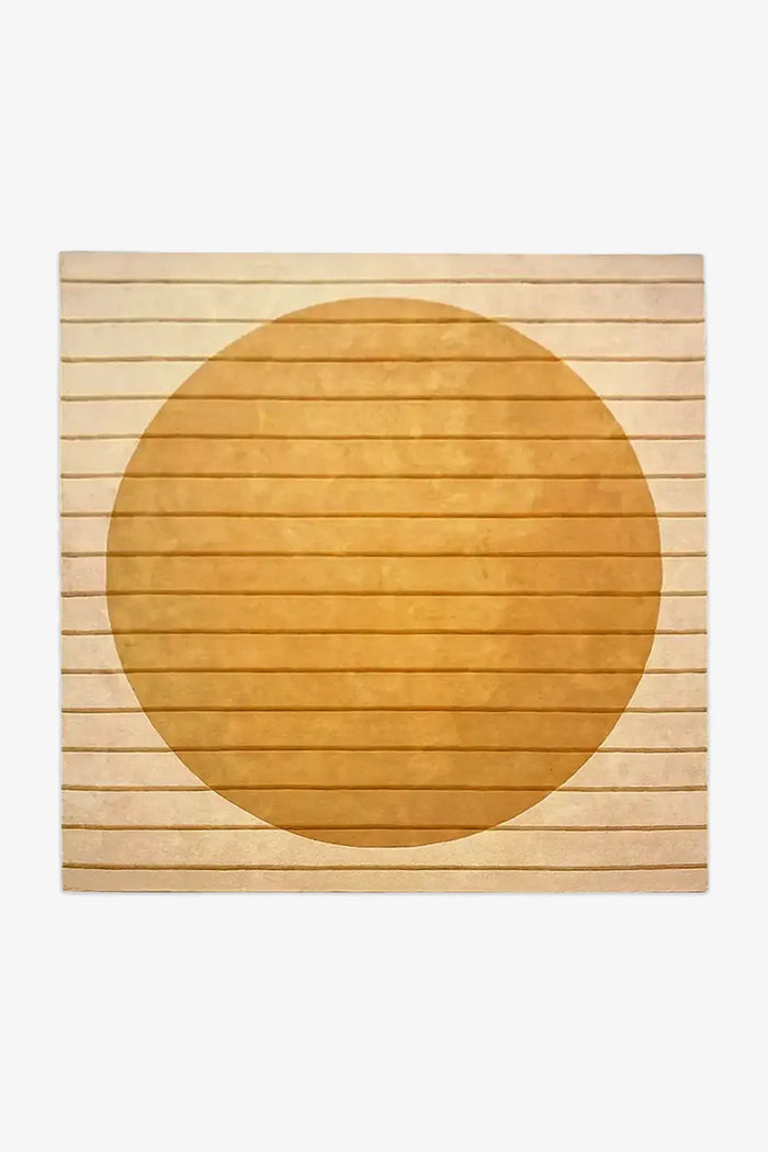 Golden yellow 8x8 wool square rug featuring a bold circular center design with fine tonal stripes, perfect for modern and Japandi-inspired interiors
