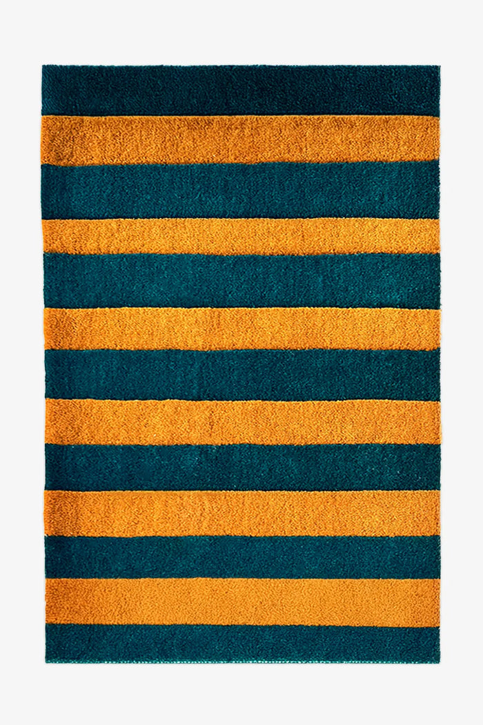 6x8 green and gold striped wool rug with a bold, modern design.