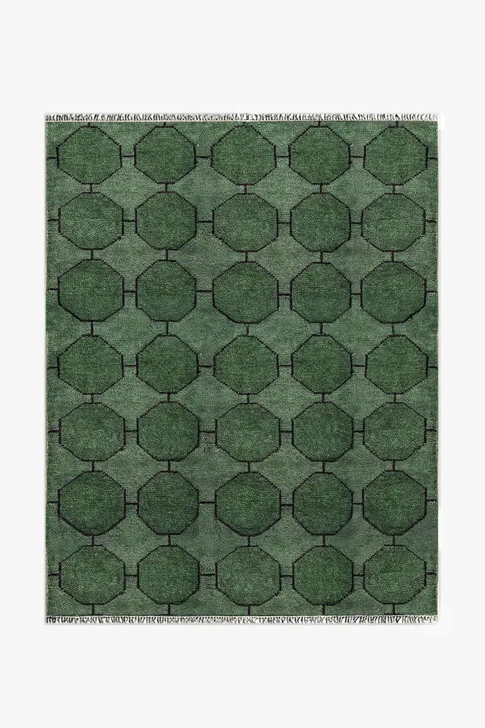 8x10 forest green hand-knotted wool rug with geometric octagon pattern and textured artisan weave