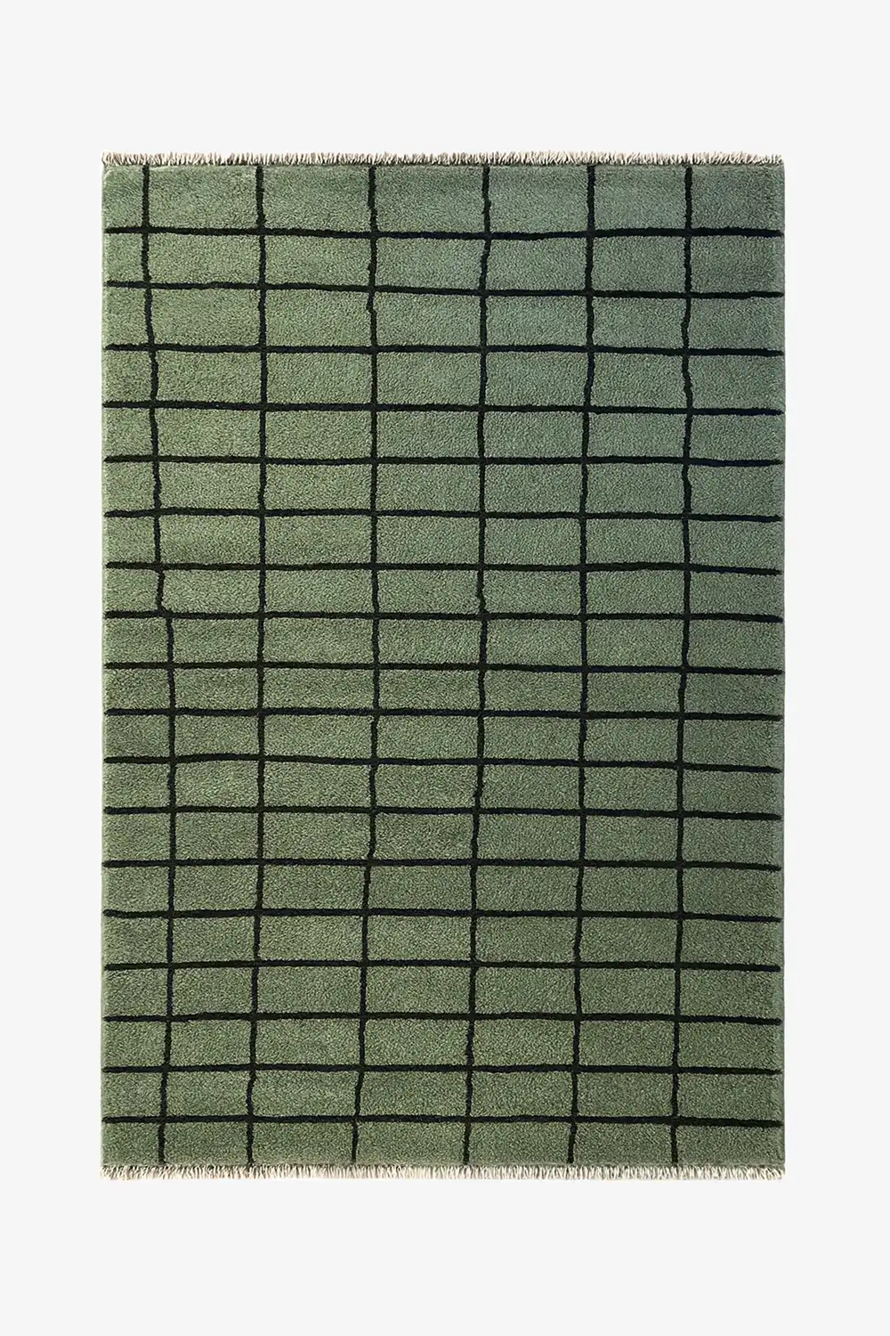 9x12 green geometric wool area rug with simple modern black grid design perfect for bedroom, living room, and kitchen