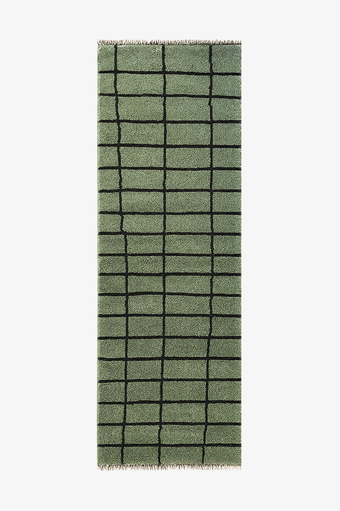 12 foot runner rug with modern green and black geometric pattern handmade from wool