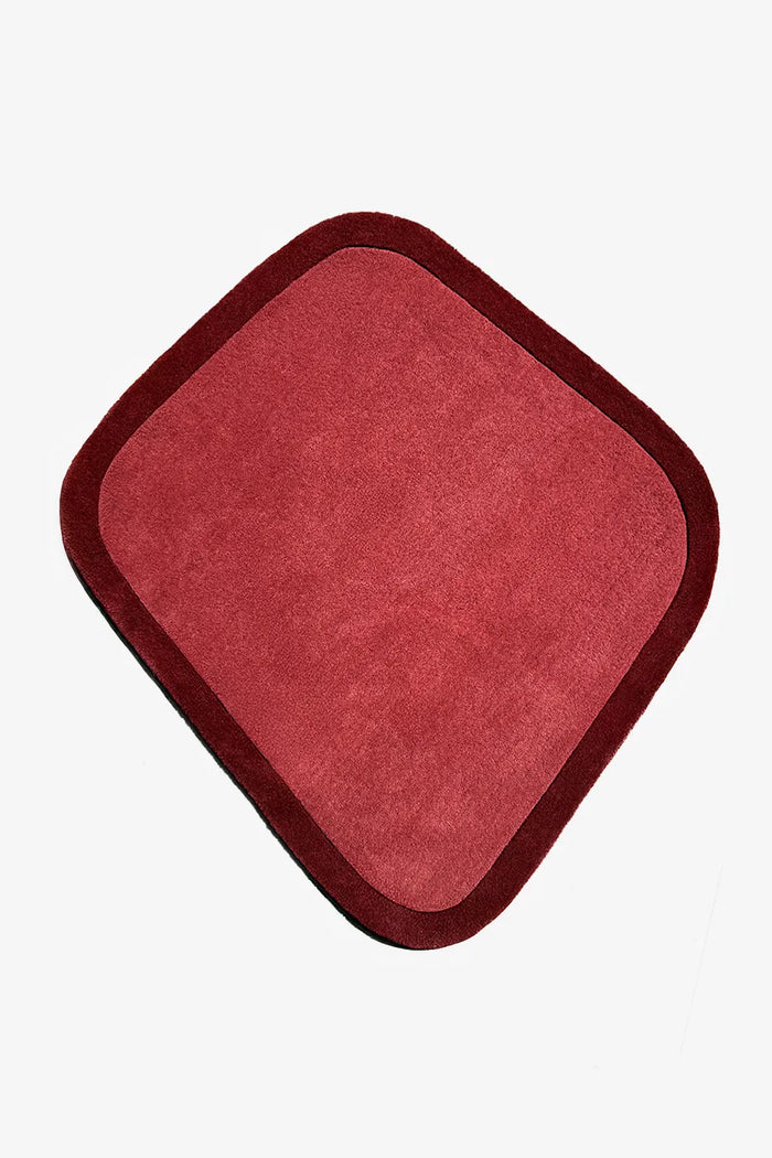 5x7 diamond shaped red abstract rug with burgundy border, a modern minimalist rug for living room or bedroom
