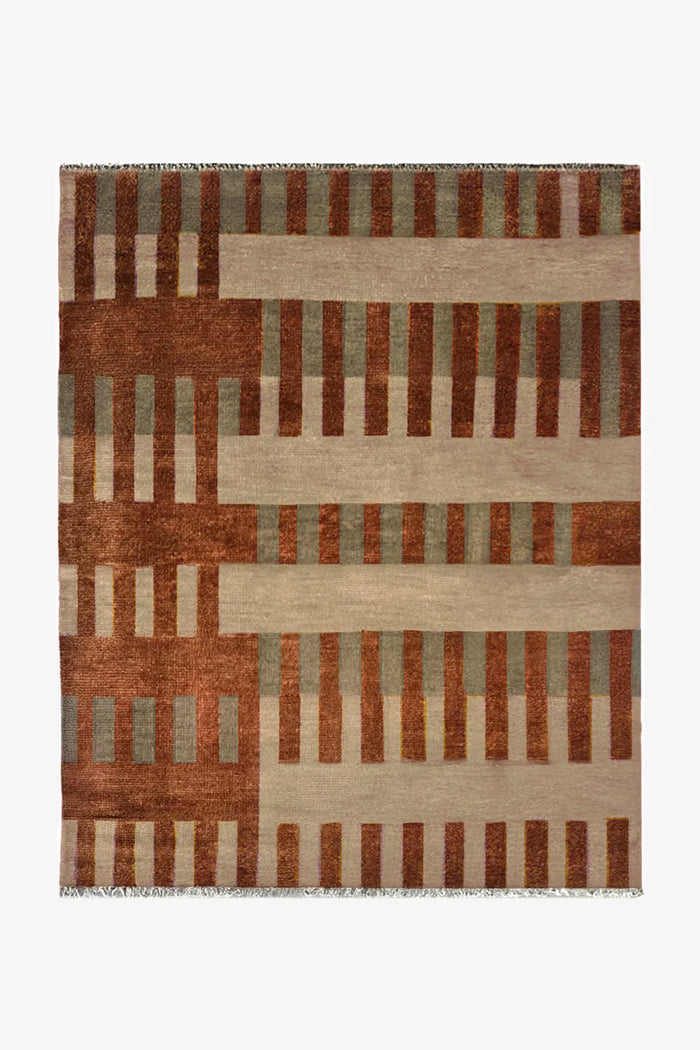 8x10 rust and beige hand-knotted wool rug with modern striped geometric pattern and soft natural texture multicolor