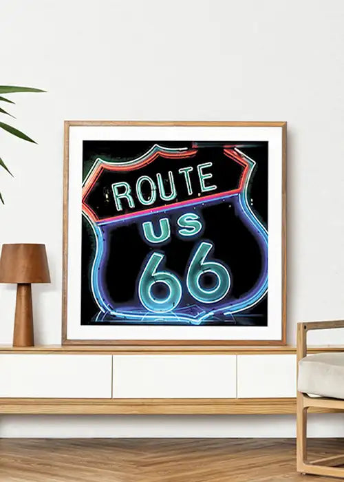 Bold Route 66 print with retro lettering in electric blue, ideal for graphic gallery wall decor or modern art posters