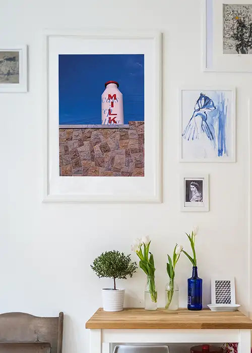 Soft pastel kitchen print with abstract milk bottle shape, perfect for modern art in dining areas or minimalist prints for kitchen walls