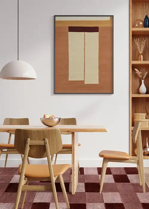 Mid-century inspired minimal art in warm orange tones, styled in natural wood frame, ideal for entryways or home office decor
