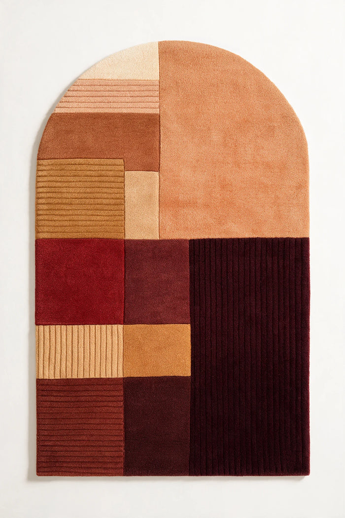 4x6 arch-shaped wool rug with hand-tufted color block design in burnt orange, brown, burgundy, ochre, and cream tones