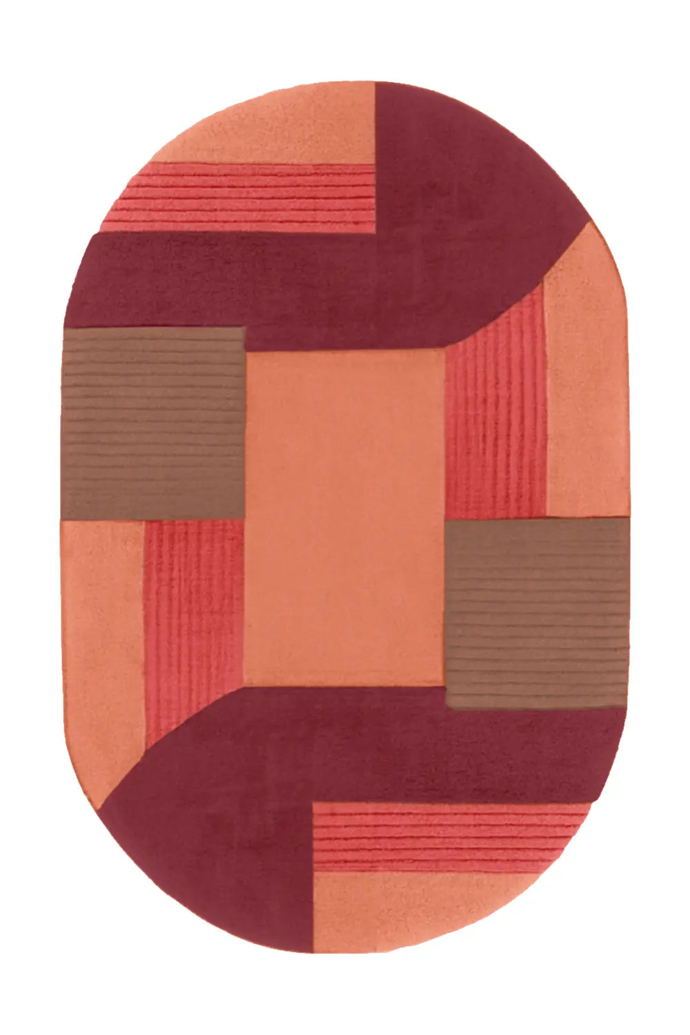 A modern area rug with an abstract geometric design in warm shades of terracotta, blush, and beige, creating a contemporary patchwork effect