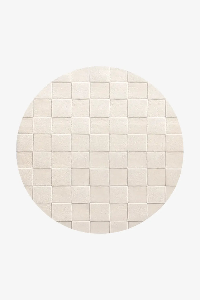 8x8 round cream checkered rug in a neutral palette for living rooms and nurseries