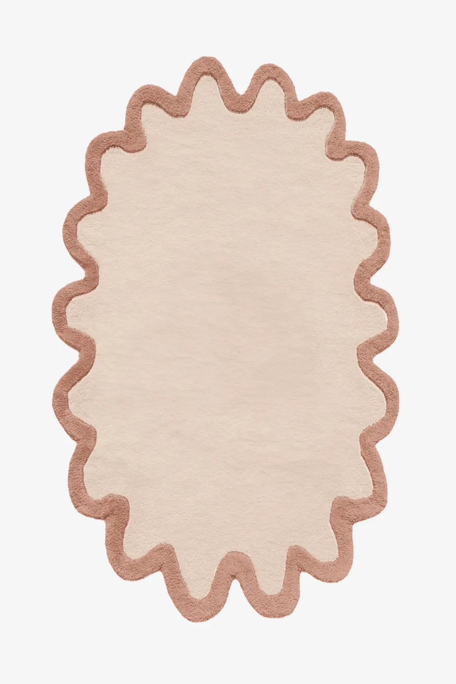 5x7 wavy border oval wool rug in neutral cream and tan, modern organic area rug
