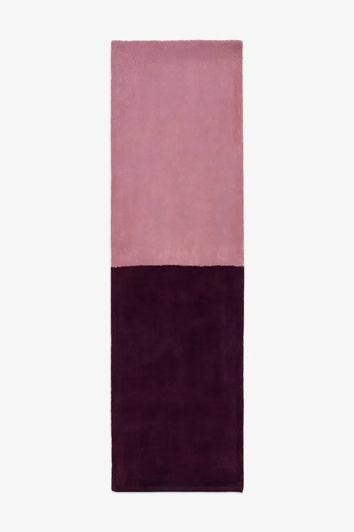 Muted pink and rich burgundy wool runner in 2x6 and 2x8 sizes, an artistic yet cozy accent for creative hallways, boho bedrooms, and modern minimalist homes berry