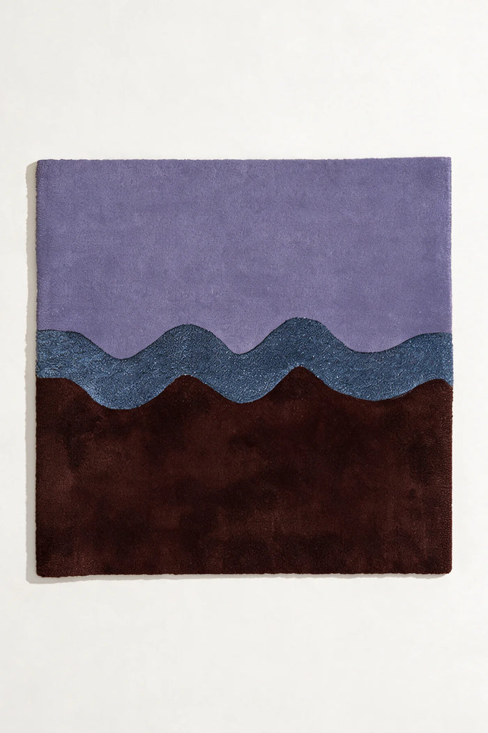 Modern 9x9 square wool area rug with purple, navy, and brown abstract wave design for contemporary spaces
