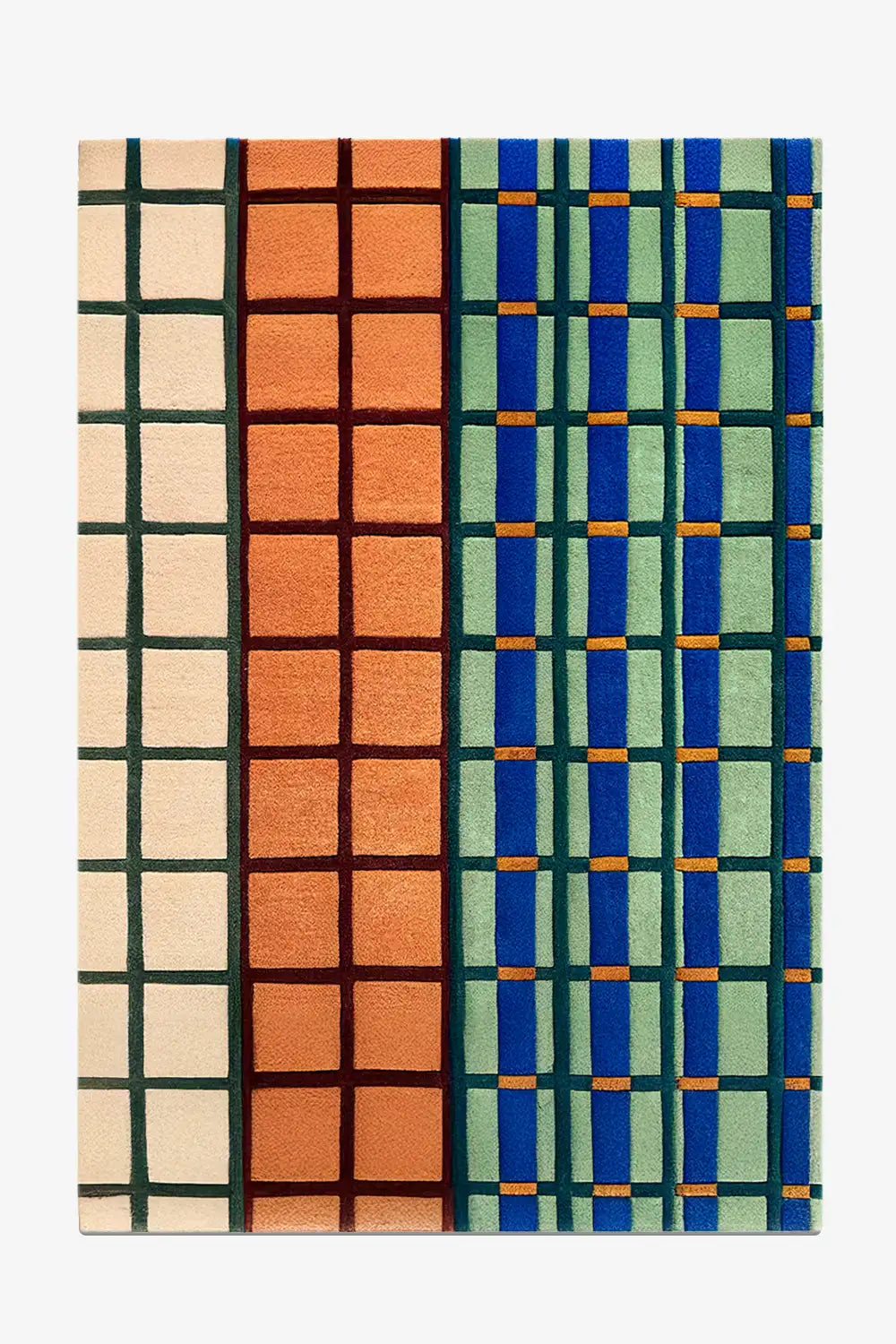 8x10 modern colorful wool rug with multicolor geometric grid pattern in terracotta, cobalt blue, ivory, and green
