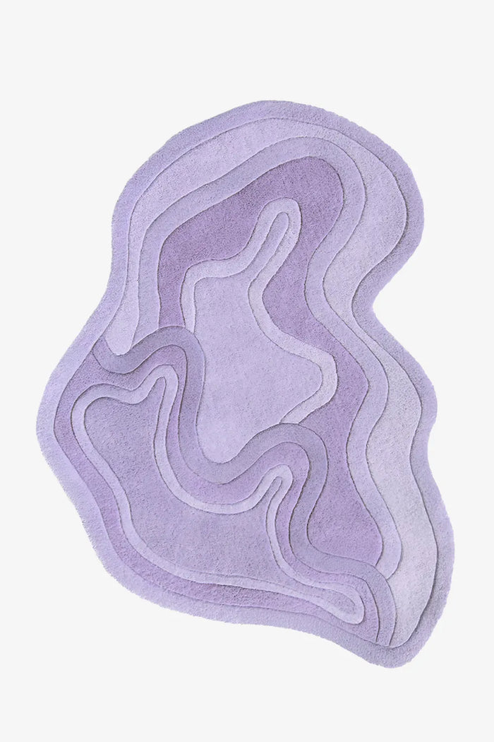 Purple sculptural tufted rug in organic form, great for 4x6 rugs, custom tufted rugs, or colorful wool rugs for modern interiors lavender
