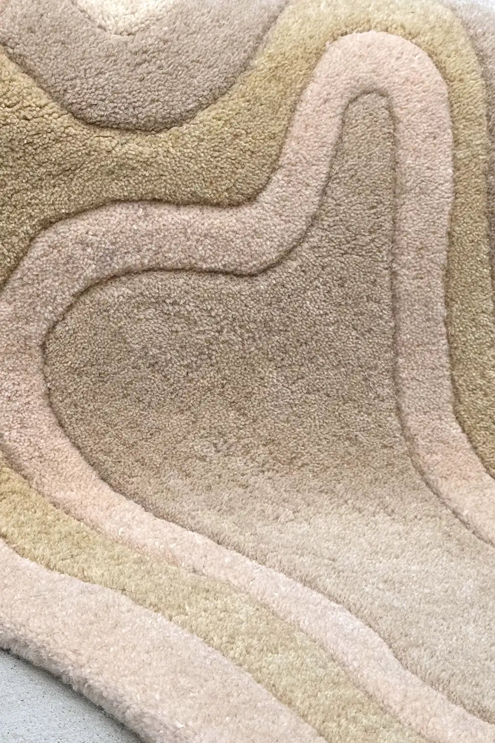Close-up of tan sculpted wool rug texture, showing carved organic pattern and plush surface detail for a cozy neutral space