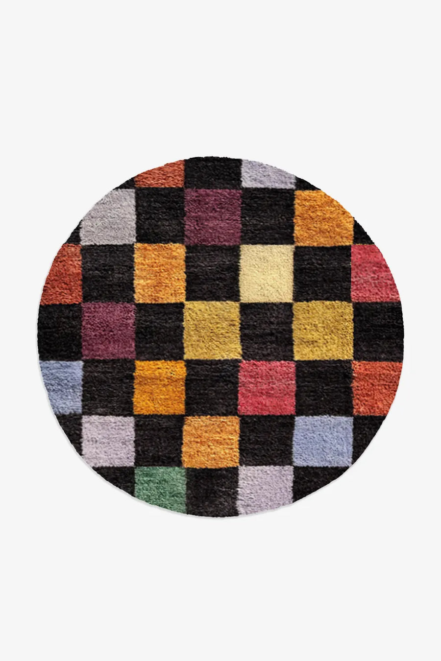 6 ft round colorful checkered knotted rug with multicolor squares on black, made from plush wool
