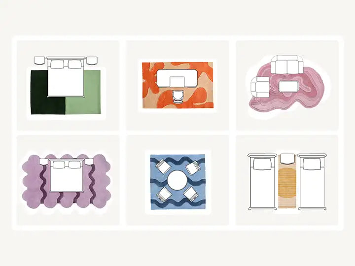 A collection of digital rug design concepts showcasing different patterns and colors for modern interiors