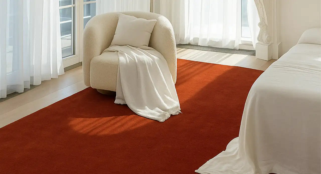 Rust wool area rug styled in a bright modern bedroom, ideal as a 12x15 rug, wool carpet, or custom rug for warm neutral interiors