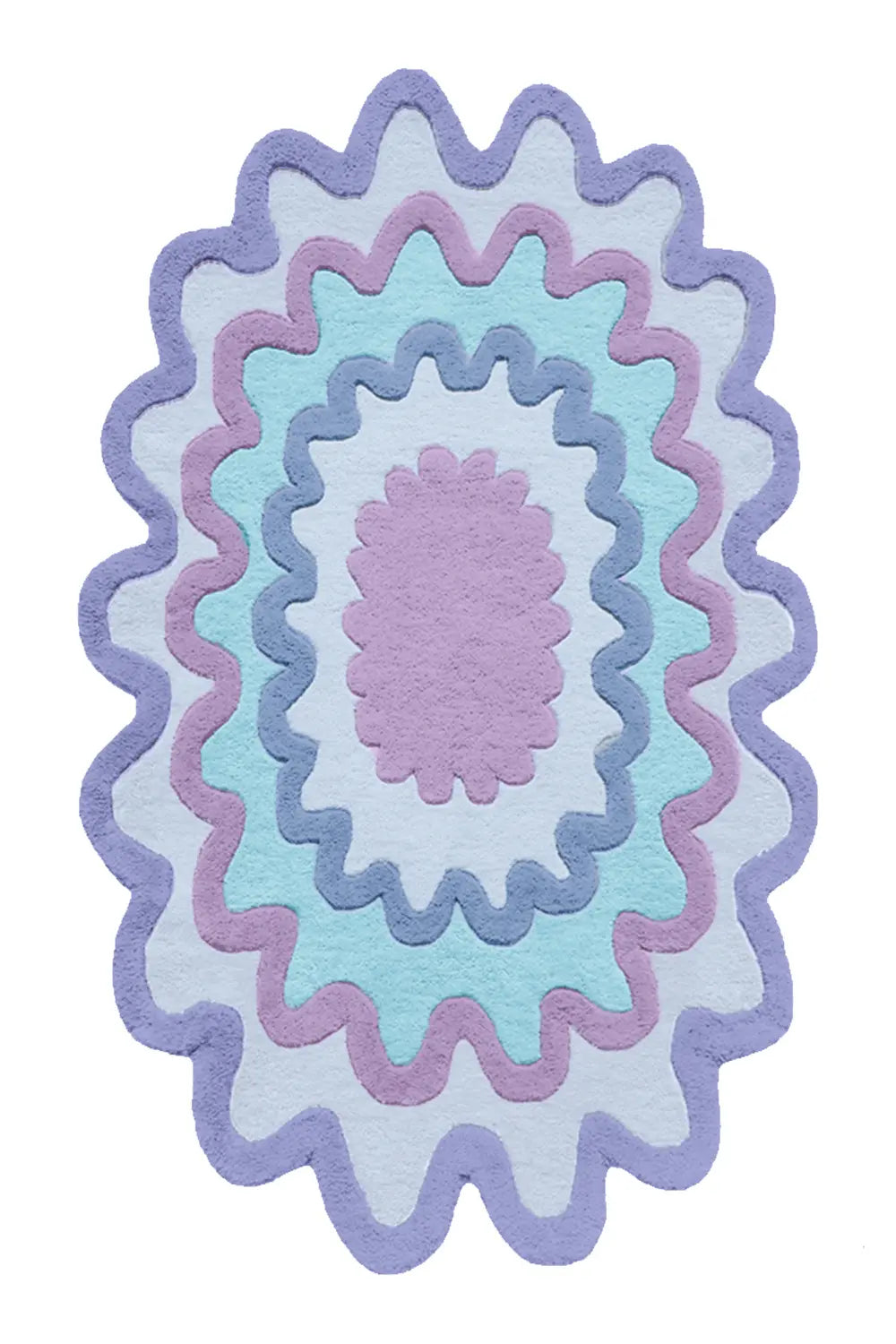 Soft blue and lilac scalloped wool rug, whimsical colorful rug for modern bedrooms and nurseries