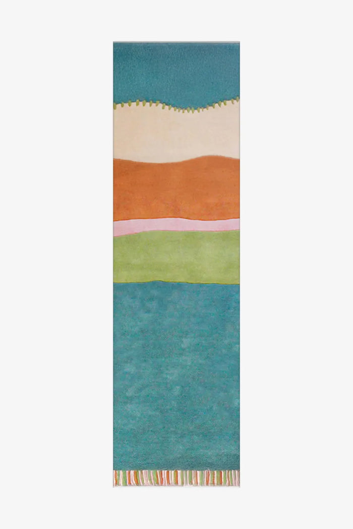 2.5x10 colorful wool runner rug with stripes in teal, orange, and green, perfect for coastal interiors