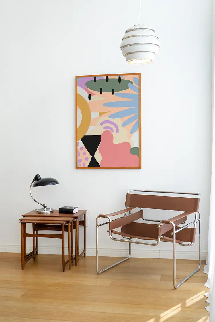 Stylish living room with a framed abstract print, highlighting how art prints fit seamlessly into any space.
