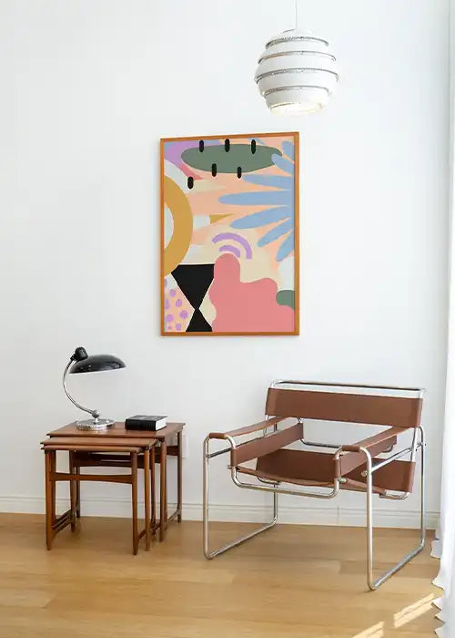Tropical bold print with funky shapes and vivid palette, great for kids’ rooms, playful living areas, or eclectic art walls