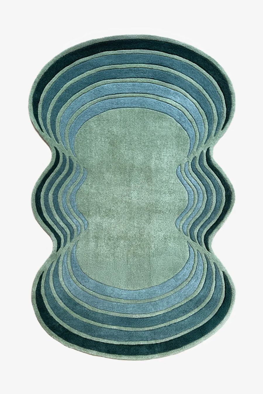 Blue and green wavy abstract rug with scalloped edges, a modern irregular shaped wool rug for colorful living rooms or bedrooms