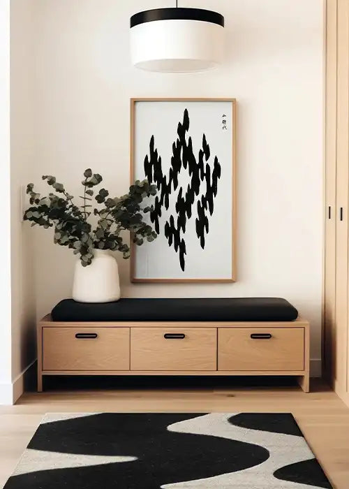 Vintage-style Japanese print in black and white, ideal for modern bedrooms or artful hallway gallery walls