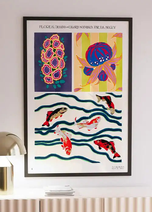 Vintage Japanese koi print with stylized waves and vibrant color, great for statement walls, entryways, or collectors of retro art