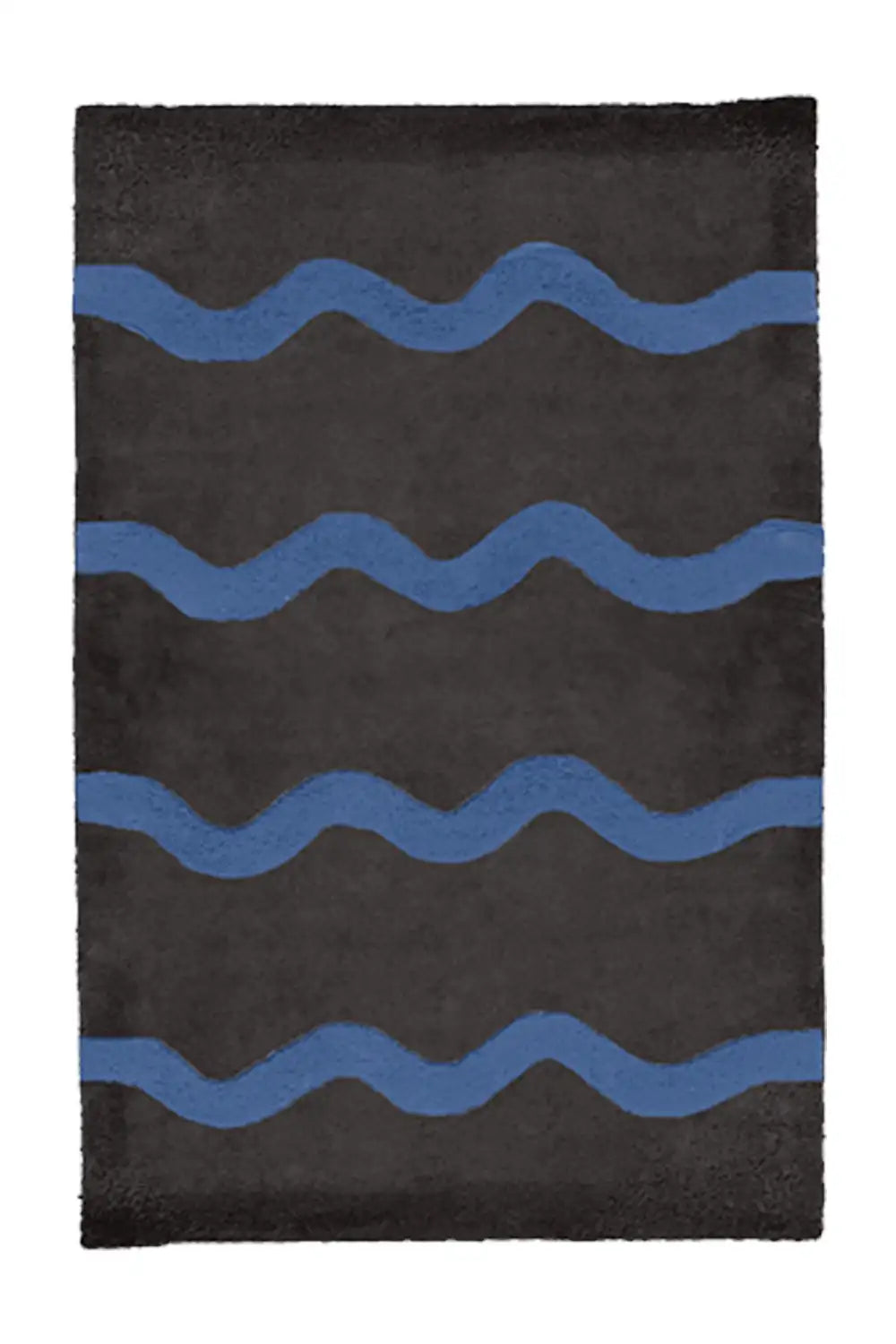 Black and blue modern wavy stripe rug, bold wool area rug for colorful living rooms, offices, or studio spaces