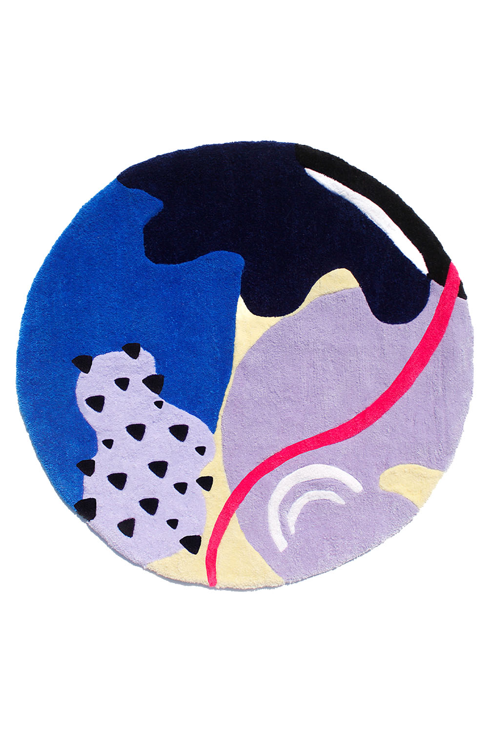 Round whimsical rug in bright blue, purple, and black with Y2K-inspired flair