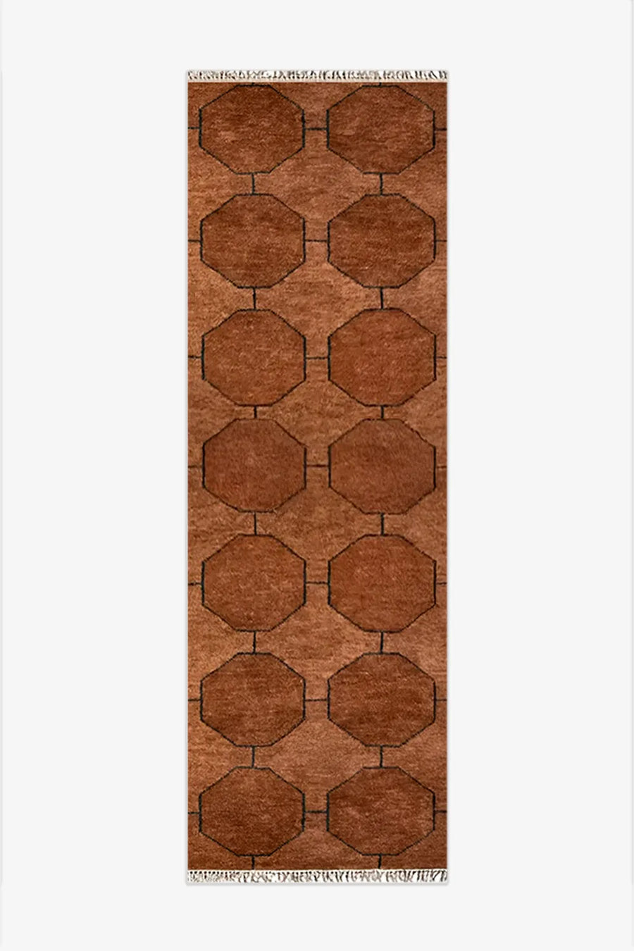 2.5x10 brown hand-knotted wool runner rug with geometric octagon pattern and subtle fringe edging