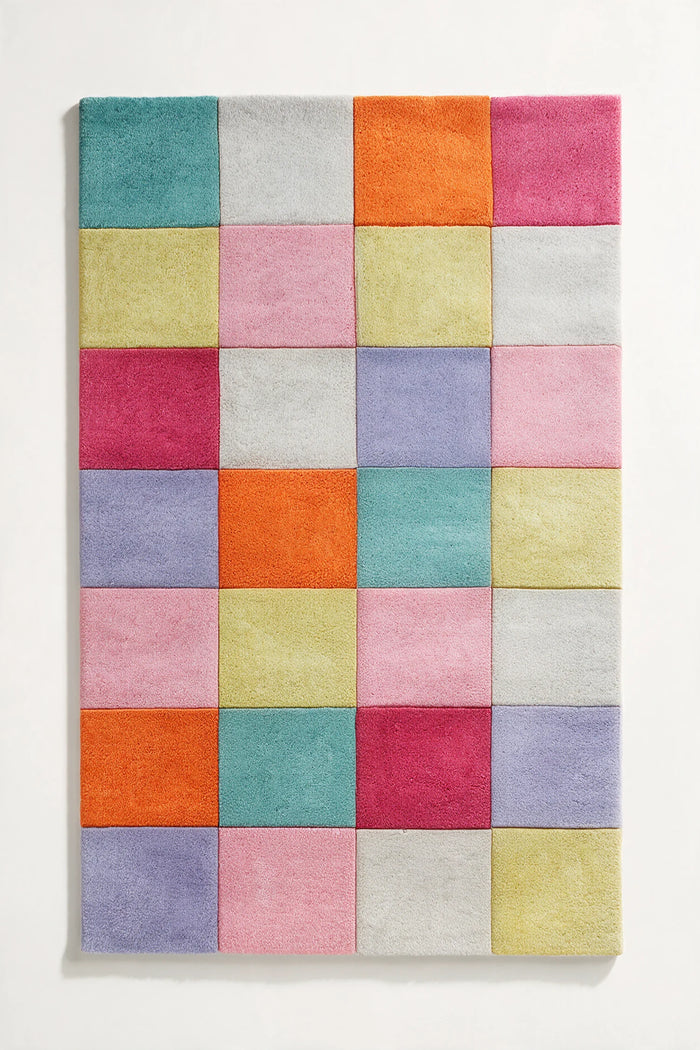 Colorful checkered wool area rug, modern 8x10 colorful rug for living room or bedroom