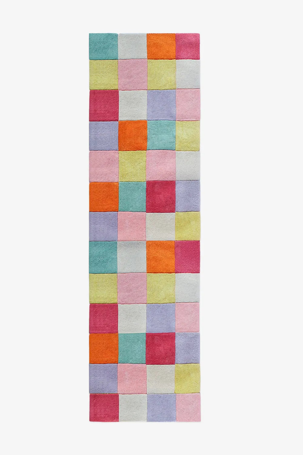 Bright multicolor checkered wool runner rug in pink, orange, blue, green, and yellow pastel shades, perfect for playful hallways or creative bedroom spaces.