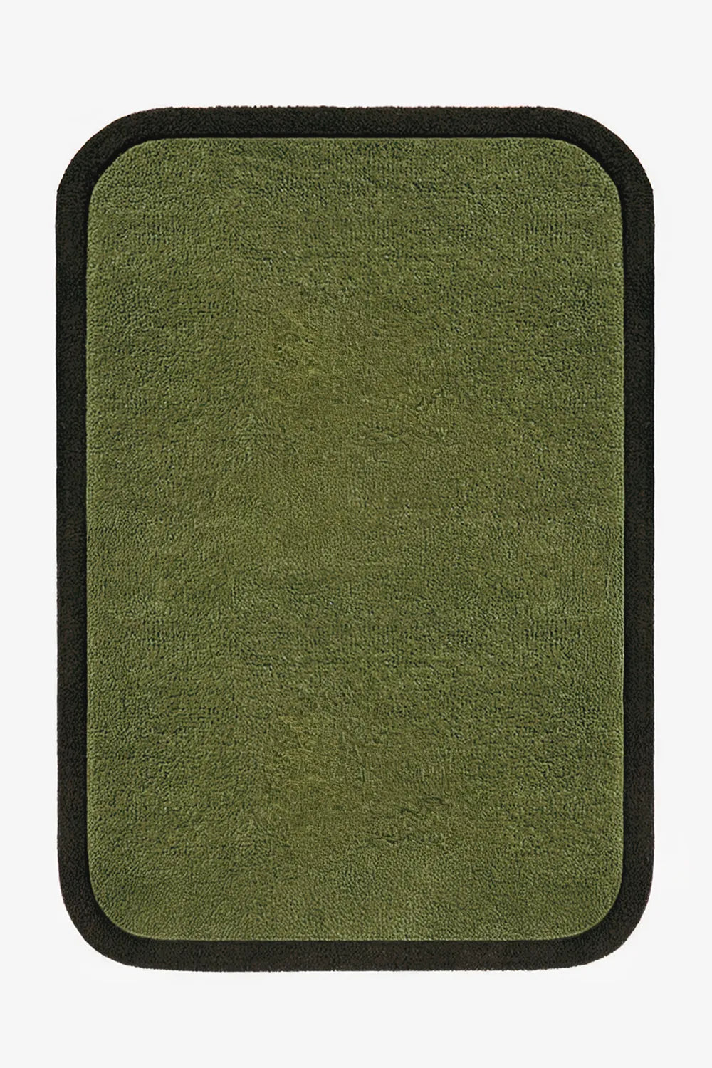 5x8 olive green wool rug with dark border and minimalist modern look