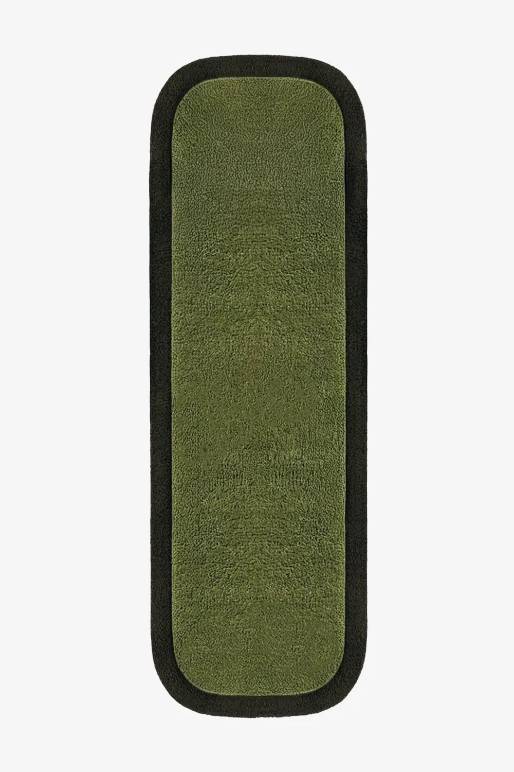 2.5x8 olive green sculpted wool runner rug with rounded corners, ideal for modern hallways or kitchens