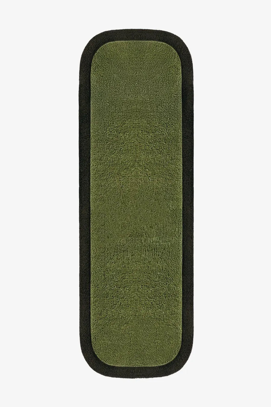 2.5x8 olive green sculpted wool runner rug with rounded corners, ideal for modern hallways or kitchens