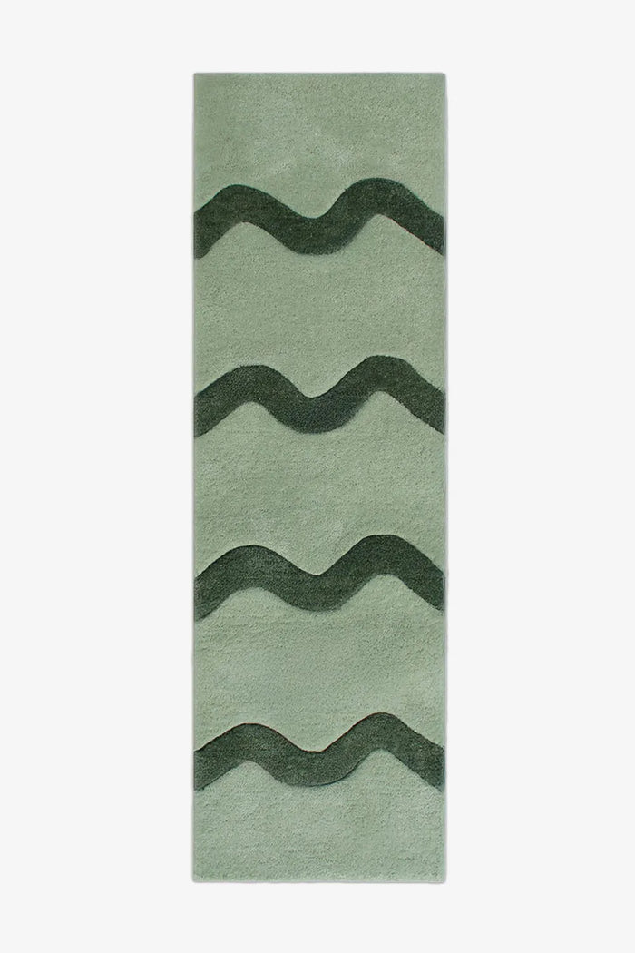 2.5x9 green wool runner rug with sculptural wavy stripe pattern, perfect for modern hallways or narrow entryways