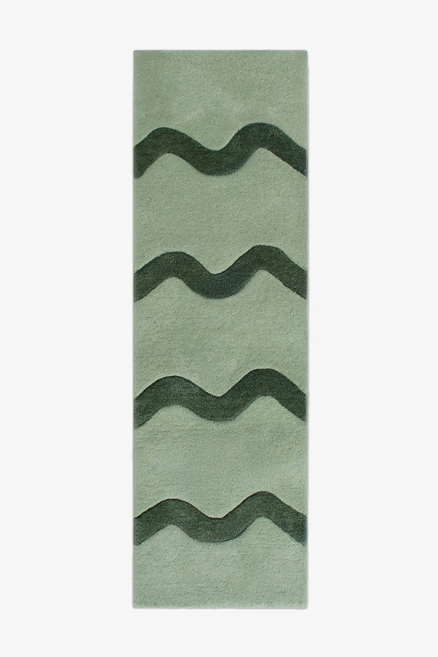 2.5x9 green wool runner rug with sculptural wavy stripe pattern, perfect for modern hallways or narrow entryways